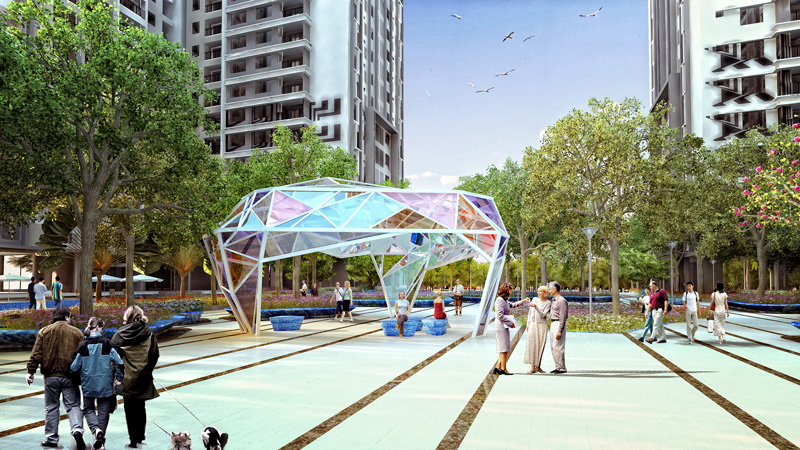 Những khối Pavillion khổng lồ được tạo nên từ hàng ngàn mảnh ghép lấp lánh đầy sắc màu chính là điểm nhấn khác biệt của phân khu Sapphire.