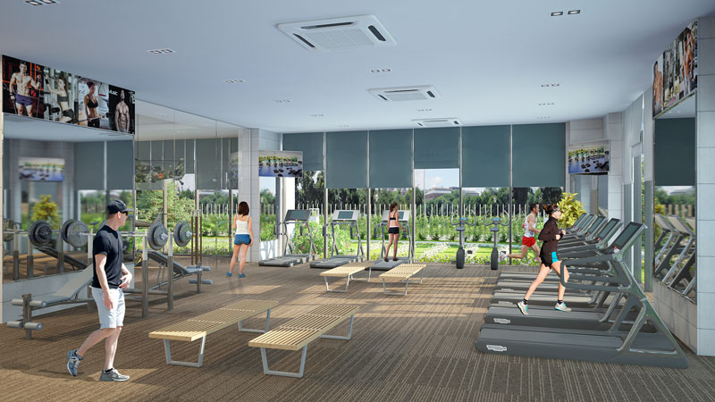 Phòng tập gym được đầu tư đồng bộ và hiện đại.